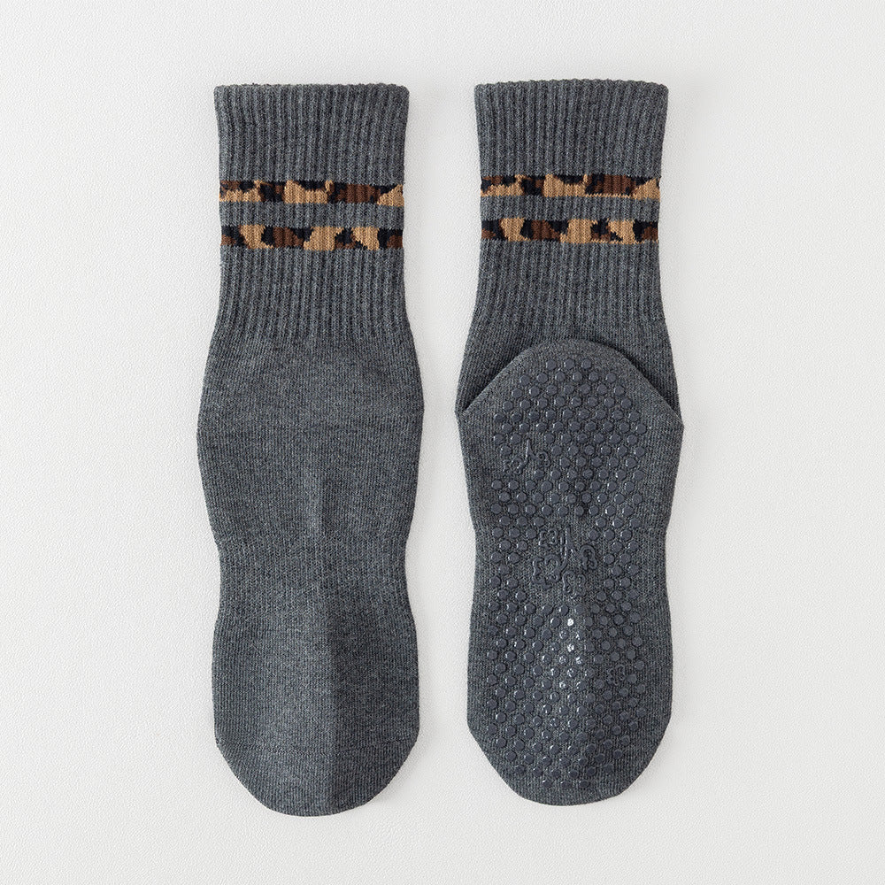 Non-Slip Pilates Grip Crew Socks With Leopard Stripes - DarkGrey