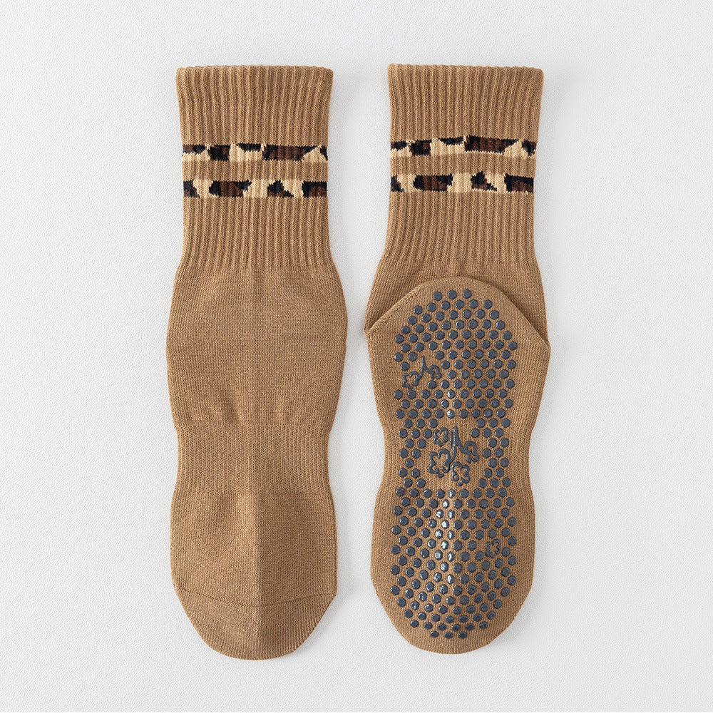 Non-Slip Pilates Grip Crew Socks With Leopard Stripes - Khaki - 1
