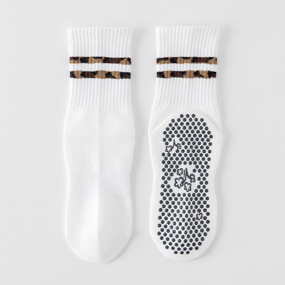 Non-Slip Pilates Grip Crew Socks With Leopard Stripes - White
