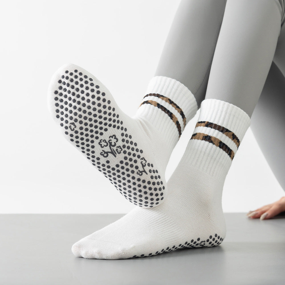 Non-Slip Pilates Grip Crew Socks With Leopard Stripes - White - 1