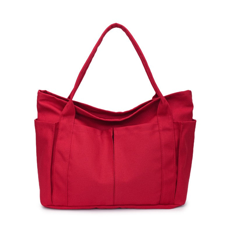 Multi Pocket Canvas Utility Tote Bag - Red
