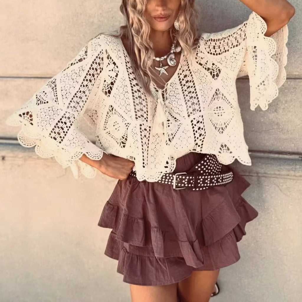 Pointelle Crochet Wide Sleeve Blouse - Apricot - 1