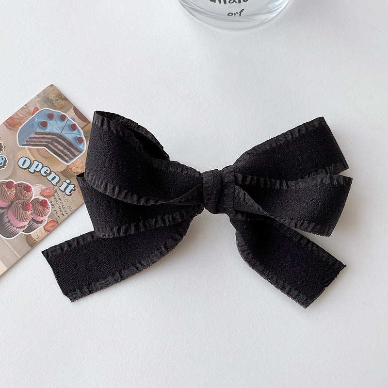 Frilled Edge Ribbon Bow Barrette - Black