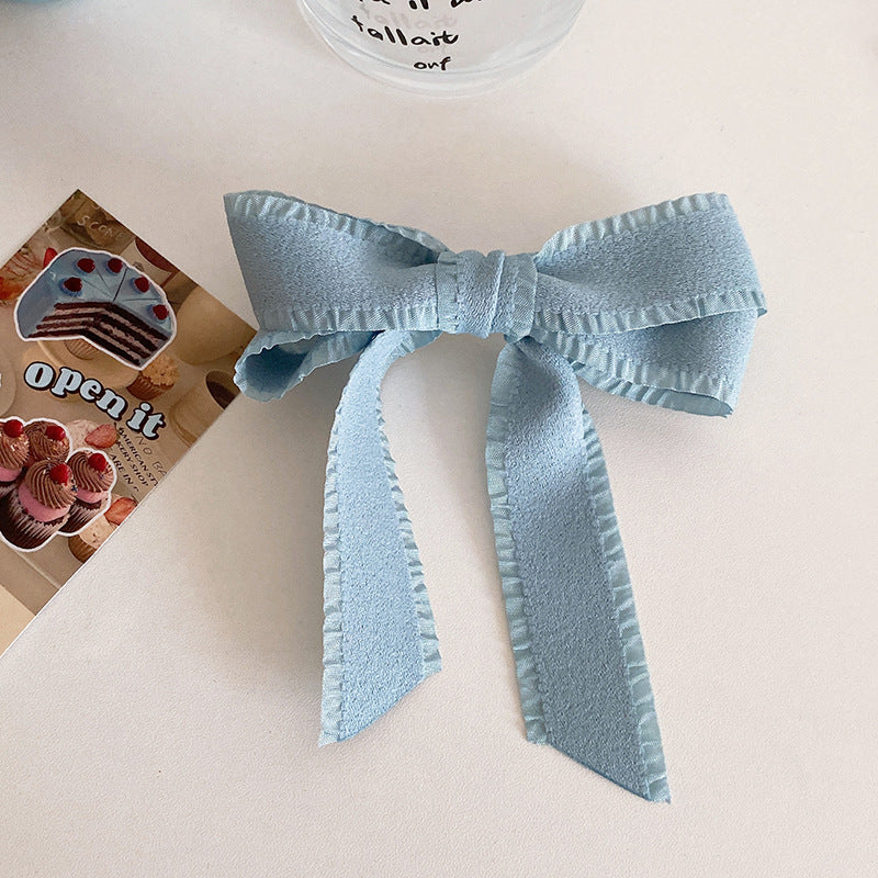Frilled Edge Ribbon Bow Barrette - Blue