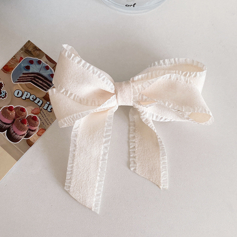 Frilled Edge Ribbon Bow Barrette - Offwhite
