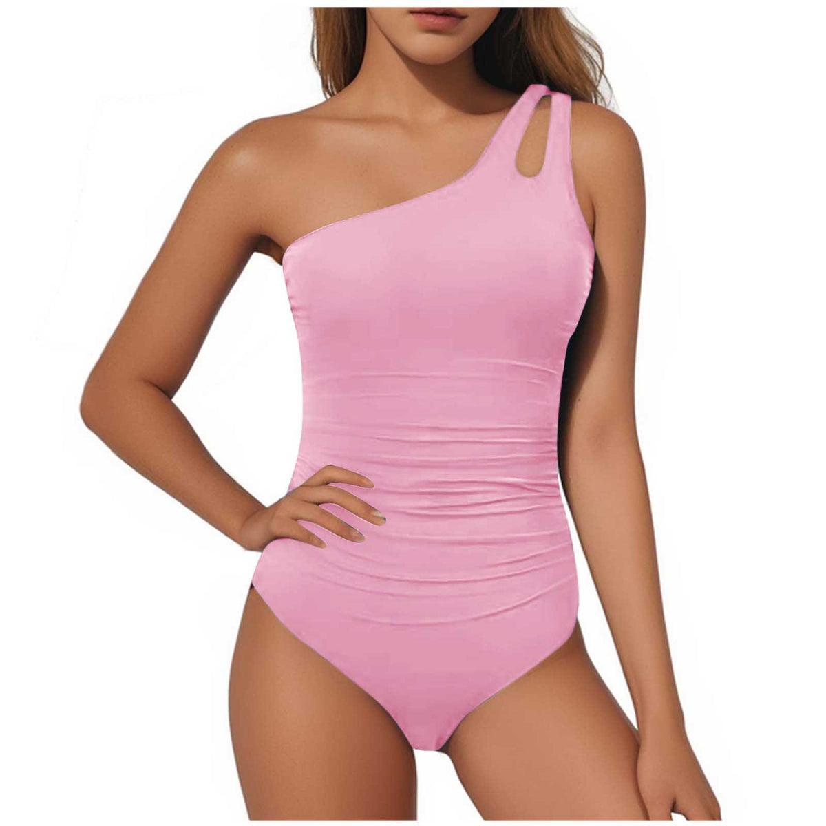 One Shoulder Ruched One Piece Swimsuit - Pink