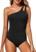One Shoulder Ruched One Piece Swimsuit - black