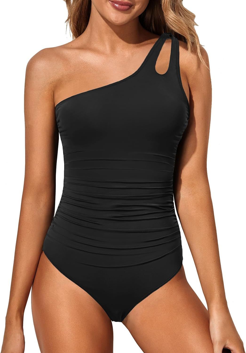 One Shoulder Ruched One Piece Swimsuit - black