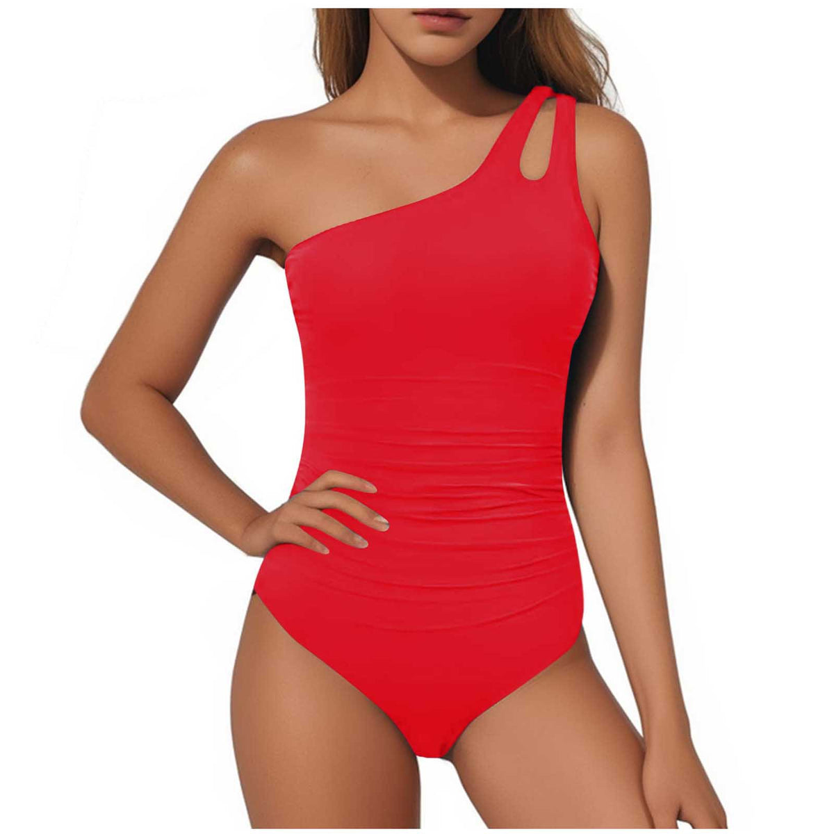 One Shoulder Ruched One Piece Swimsuit - red