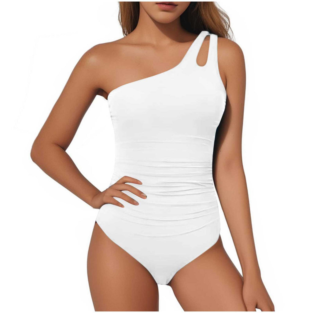 One Shoulder Ruched One Piece Swimsuit - white