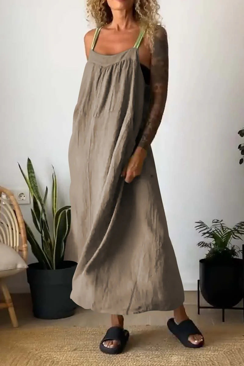 Linen Blend Strappy Maxi Slip Dress - Khaki