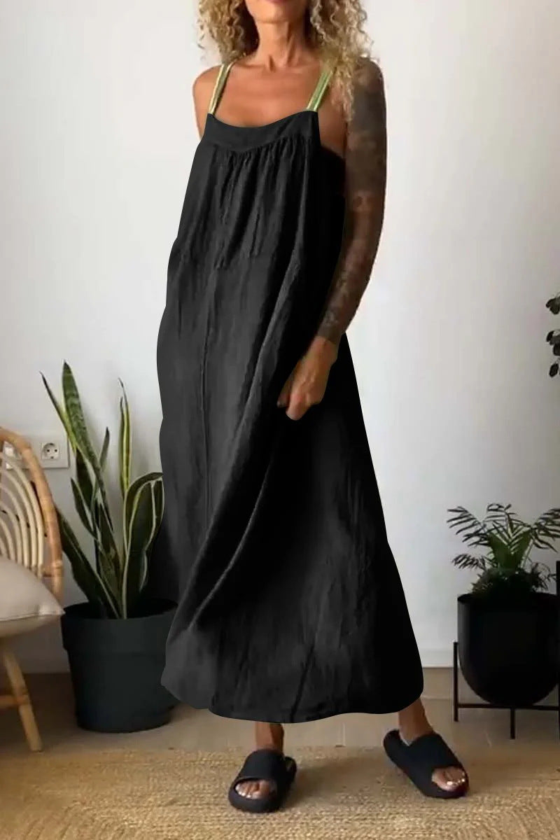 Linen Blend Strappy Maxi Slip Dress - black