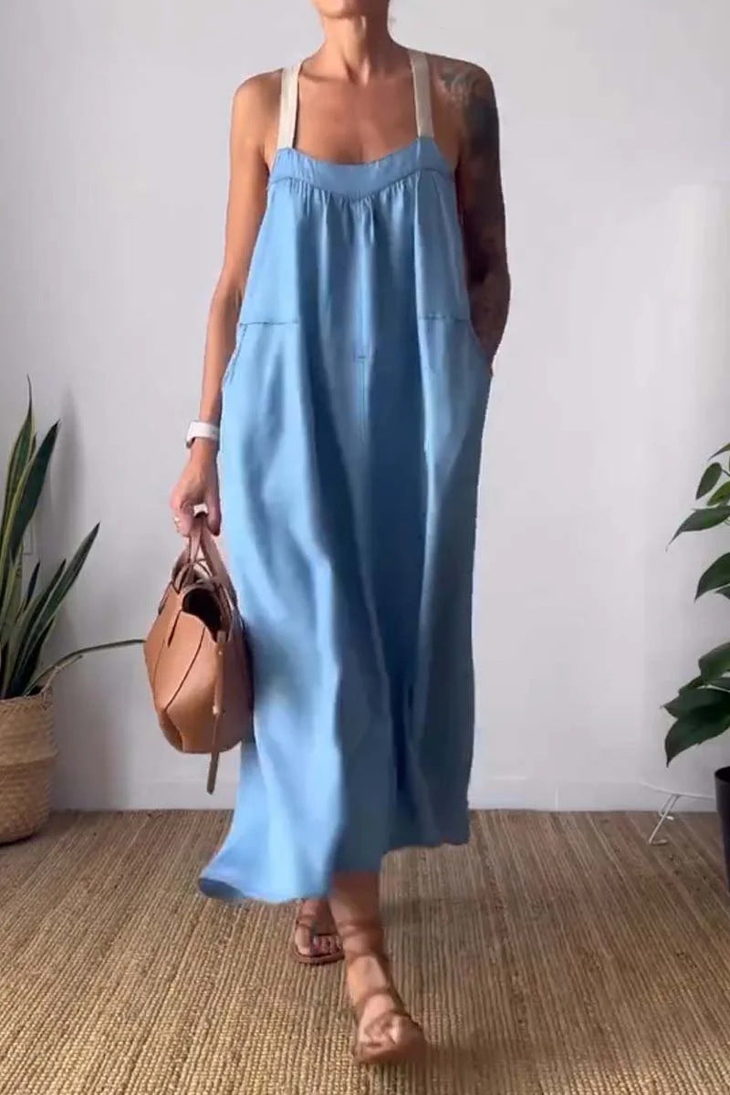 Linen Blend Strappy Maxi Slip Dress - blue