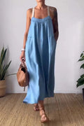 Linen Blend Strappy Maxi Slip Dress - blue