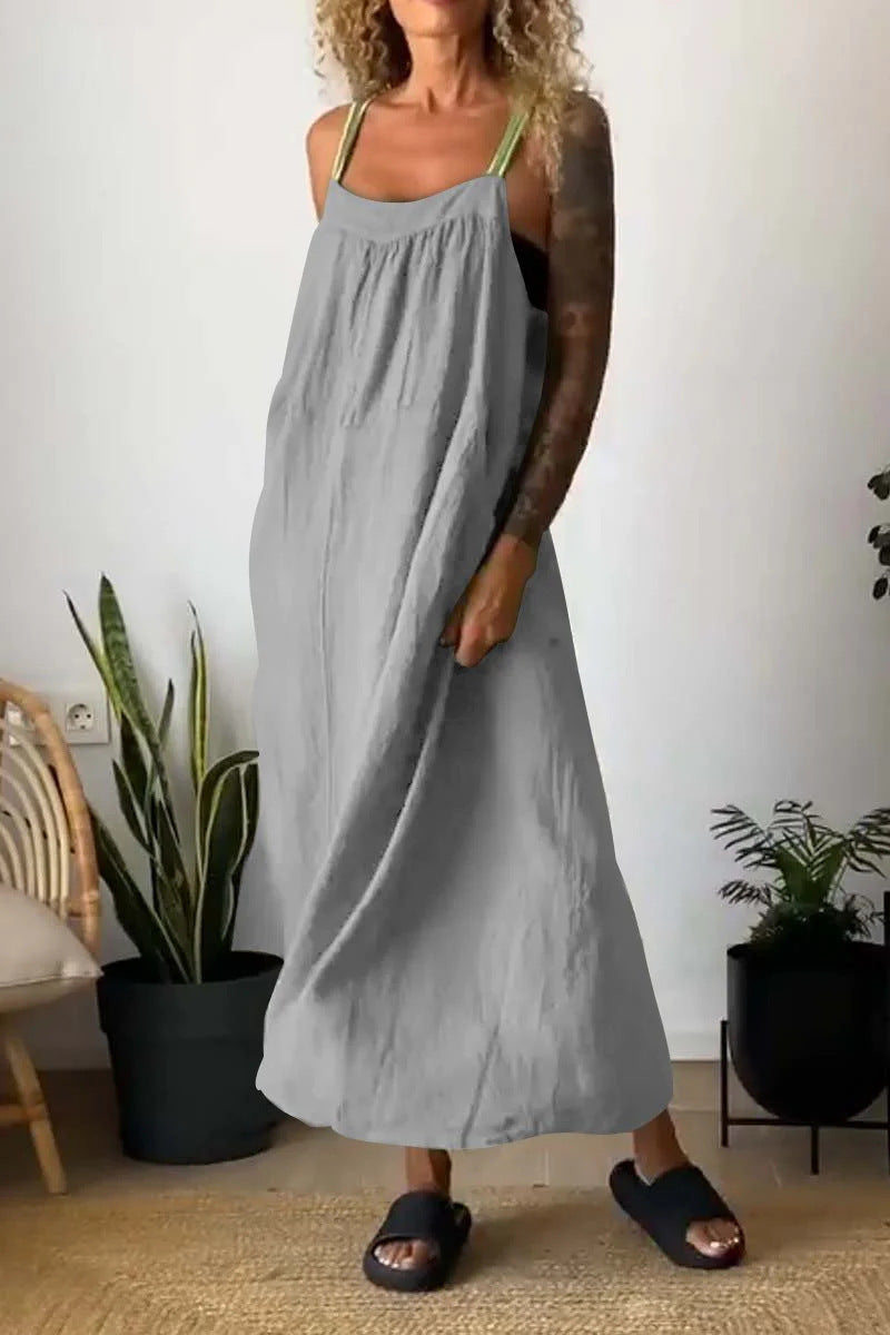 Linen Blend Strappy Maxi Slip Dress - grey
