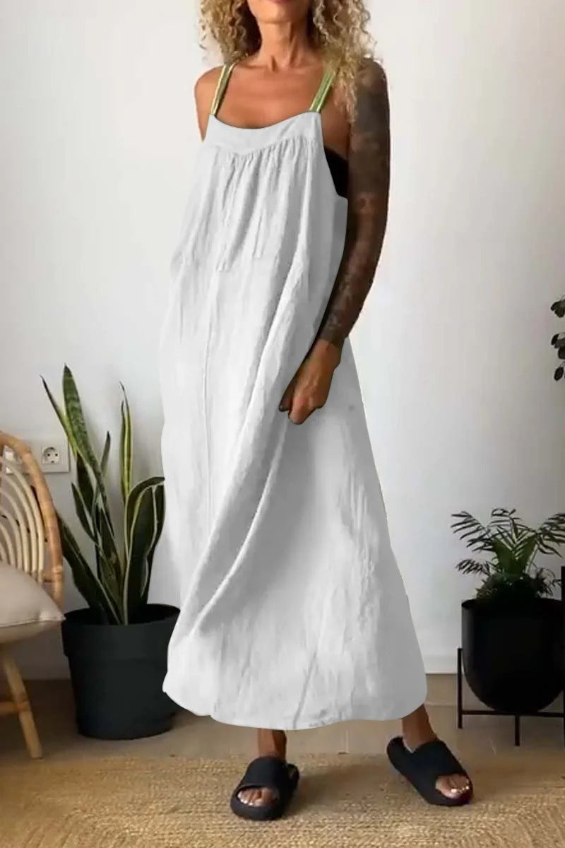 Linen Blend Strappy Maxi Slip Dress - white