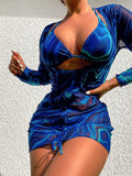 Swirl Print Sheer Mesh Beach Cover Up Set - Blue