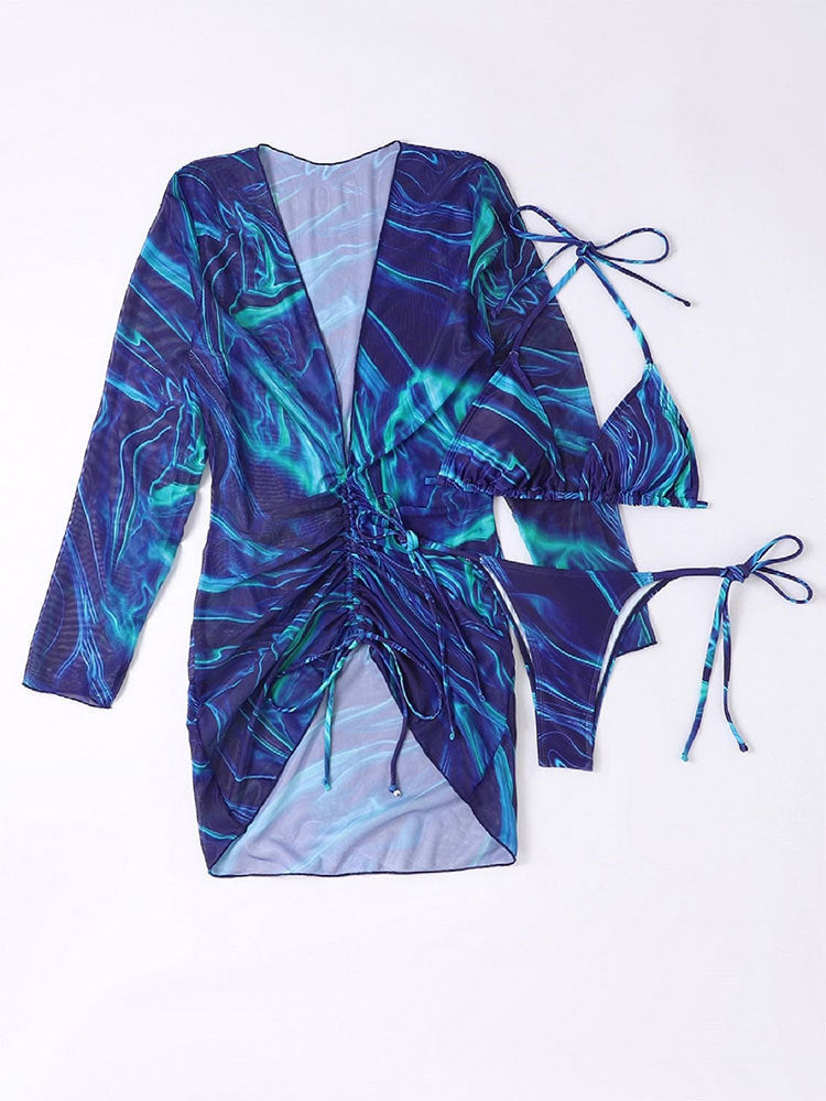 Swirl Print Sheer Mesh Beach Cover Up Set - Blue - 1