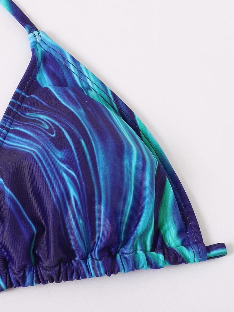 Swirl Print Sheer Mesh Beach Cover Up Set - Blue - 2
