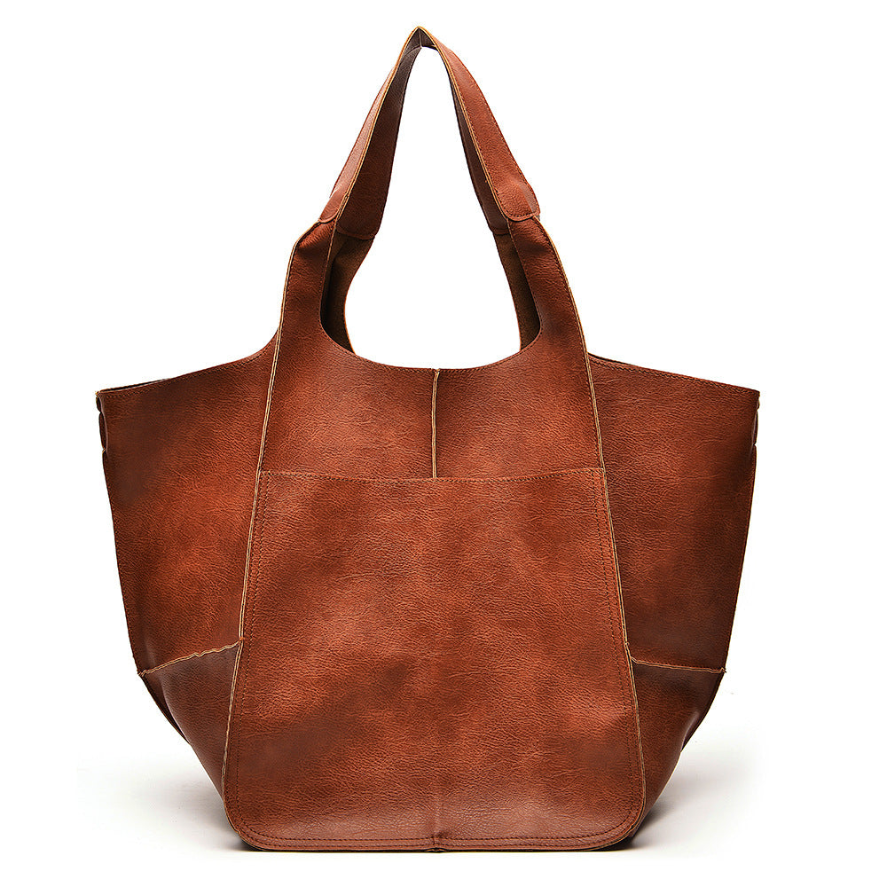 Slouchy Oversized Leather Look Shopper Tote - Brown