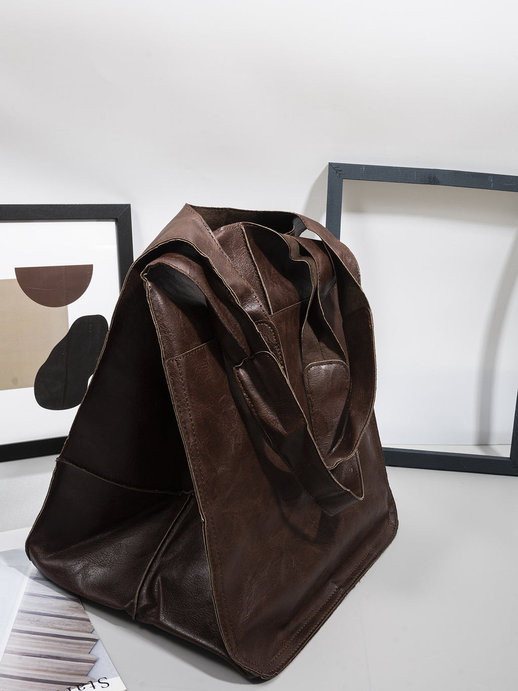 Slouchy Oversized Leather Look Shopper Tote - Coffee