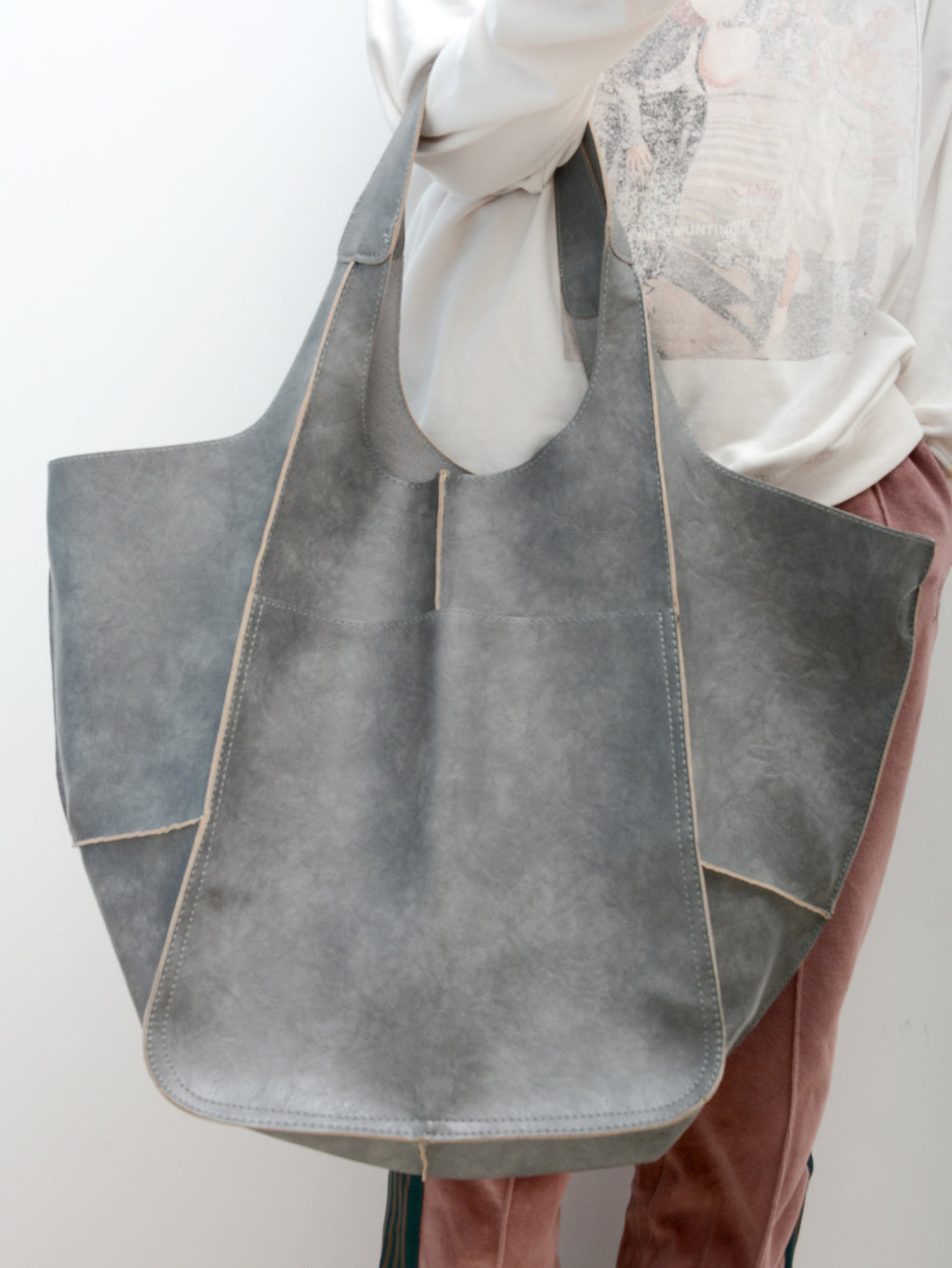 Slouchy Oversized Leather Look Shopper Tote - Gray