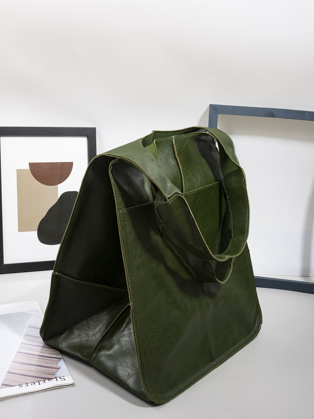 Slouchy Oversized Leather Look Shopper Tote - Green