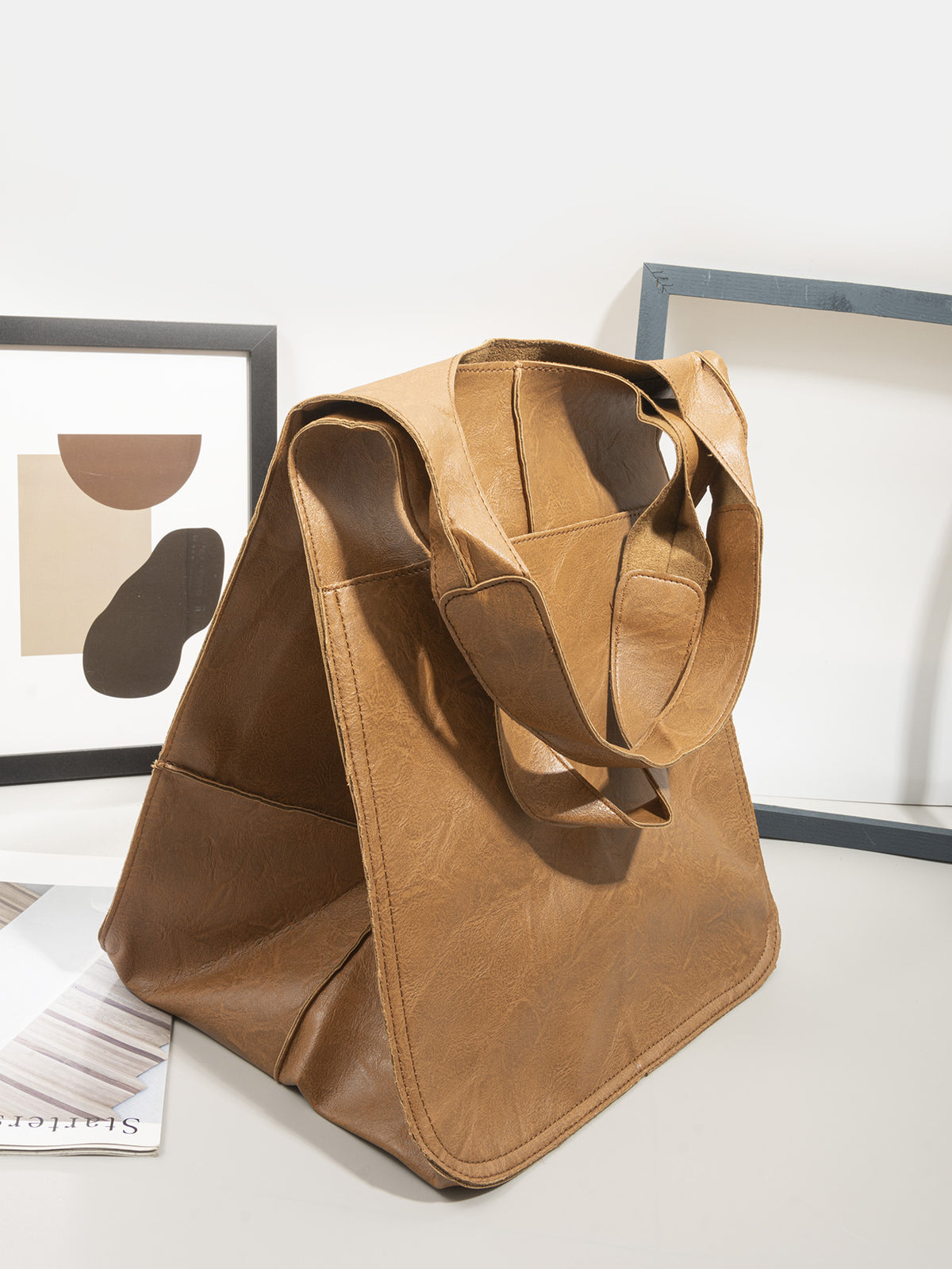 Slouchy Oversized Leather Look Shopper Tote - Light_Brown