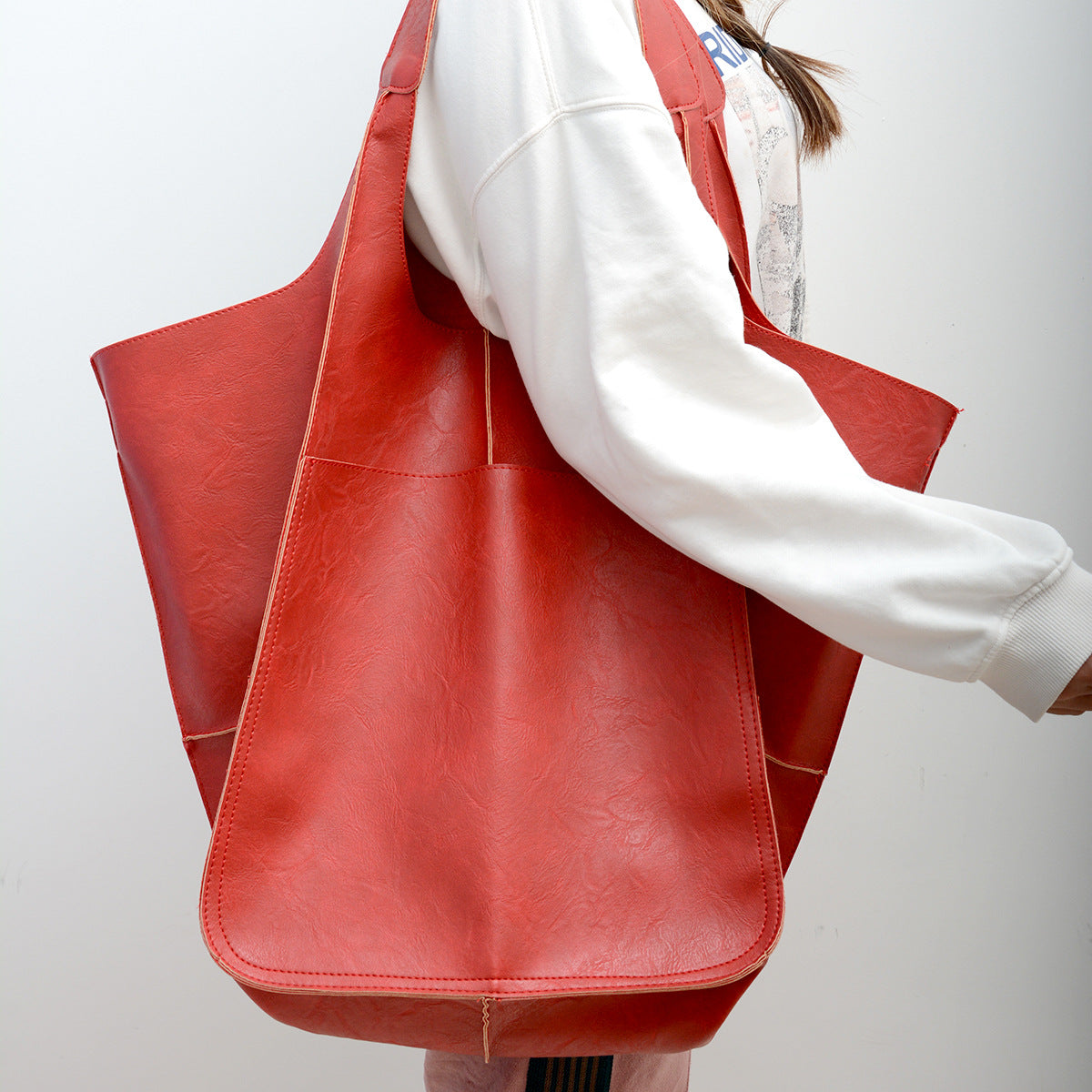 Slouchy Oversized Leather Look Shopper Tote - Red