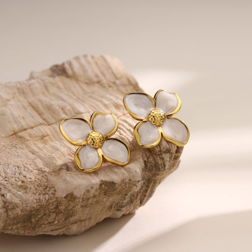Enamel Petal Blossom Stud Earrings - white