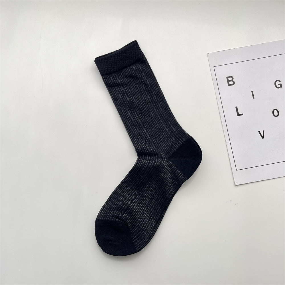 Fine Ribbed Breathable Cotton Crew Socks - Black