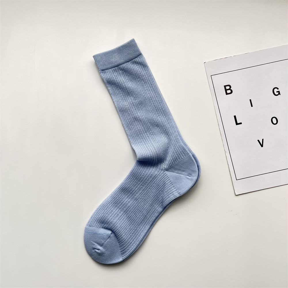 Fine Ribbed Breathable Cotton Crew Socks - Blue