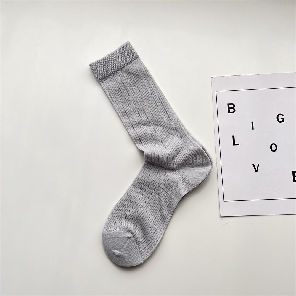 Fine Ribbed Breathable Cotton Crew Socks - Grey