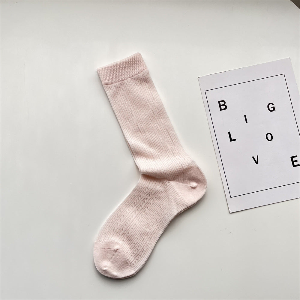 Fine Ribbed Breathable Cotton Crew Socks - Pink