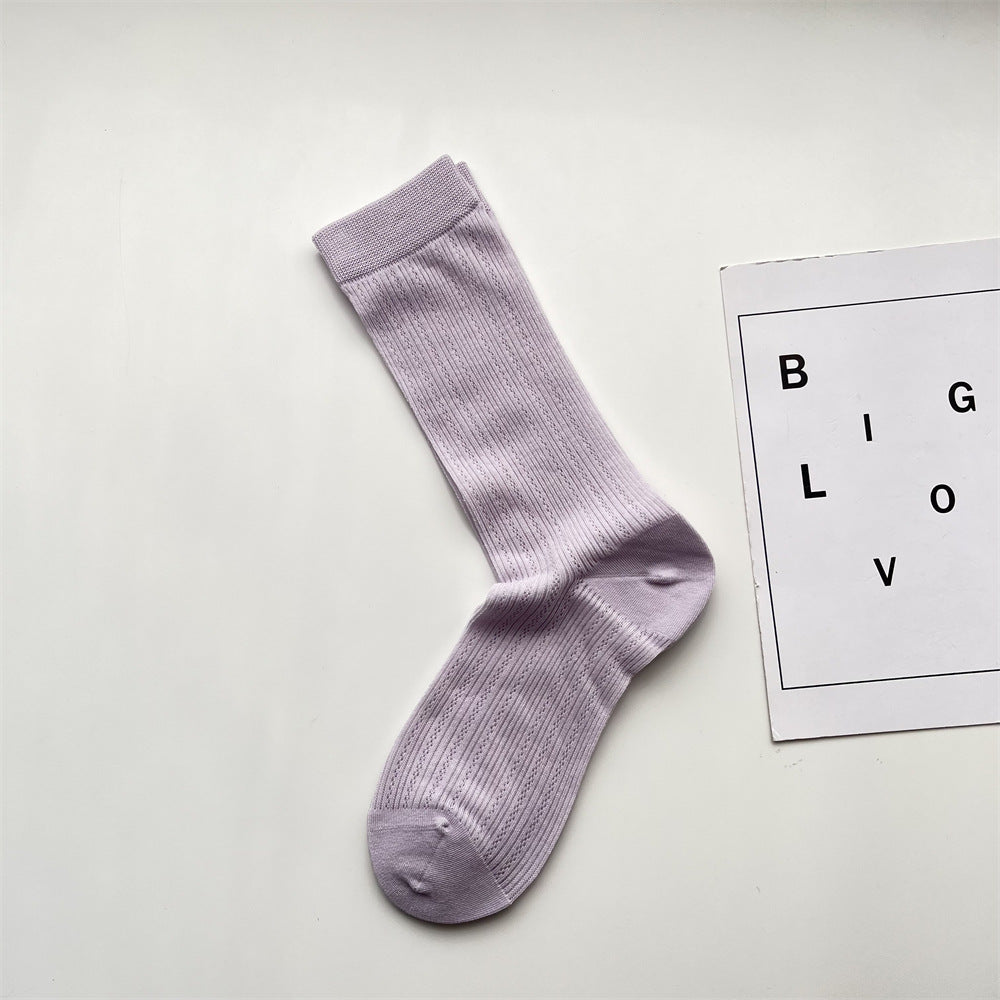 Fine Ribbed Breathable Cotton Crew Socks - Purple