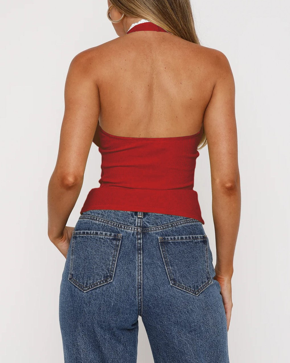 Lace Edged Halter Neck Tank With Tie Detail - Red - 4
