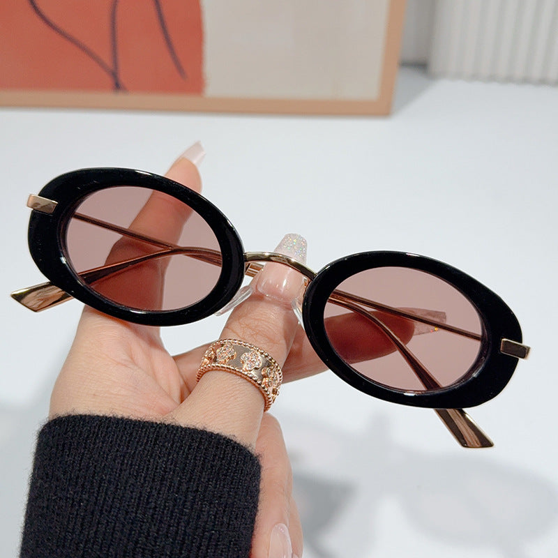 Small Oval Frame Retro Sunglasses - Tea