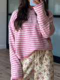 Drop Shoulder Striped Henley Knit Sweater - Pink