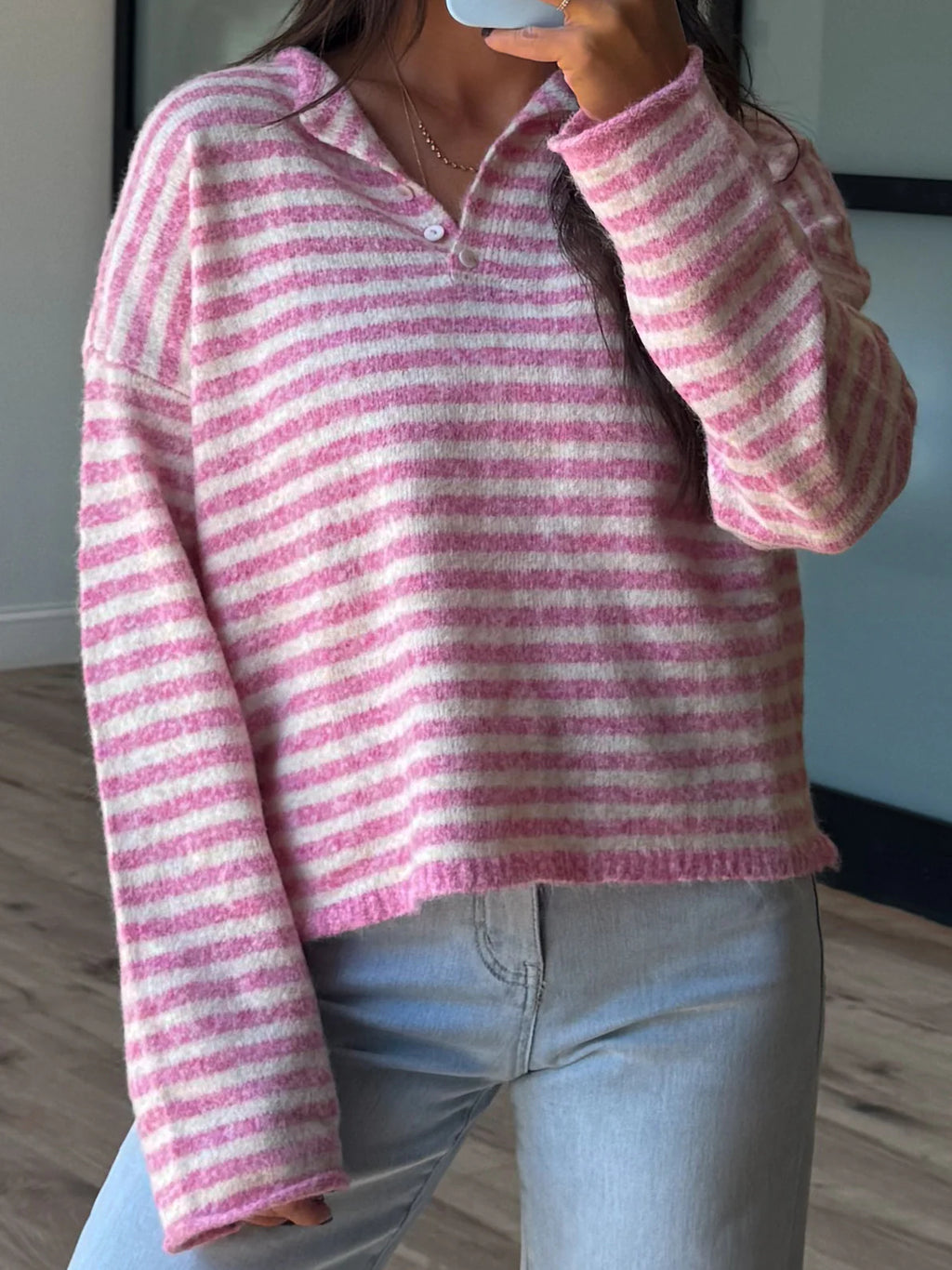 Drop Shoulder Striped Henley Knit Sweater - Pink - 1