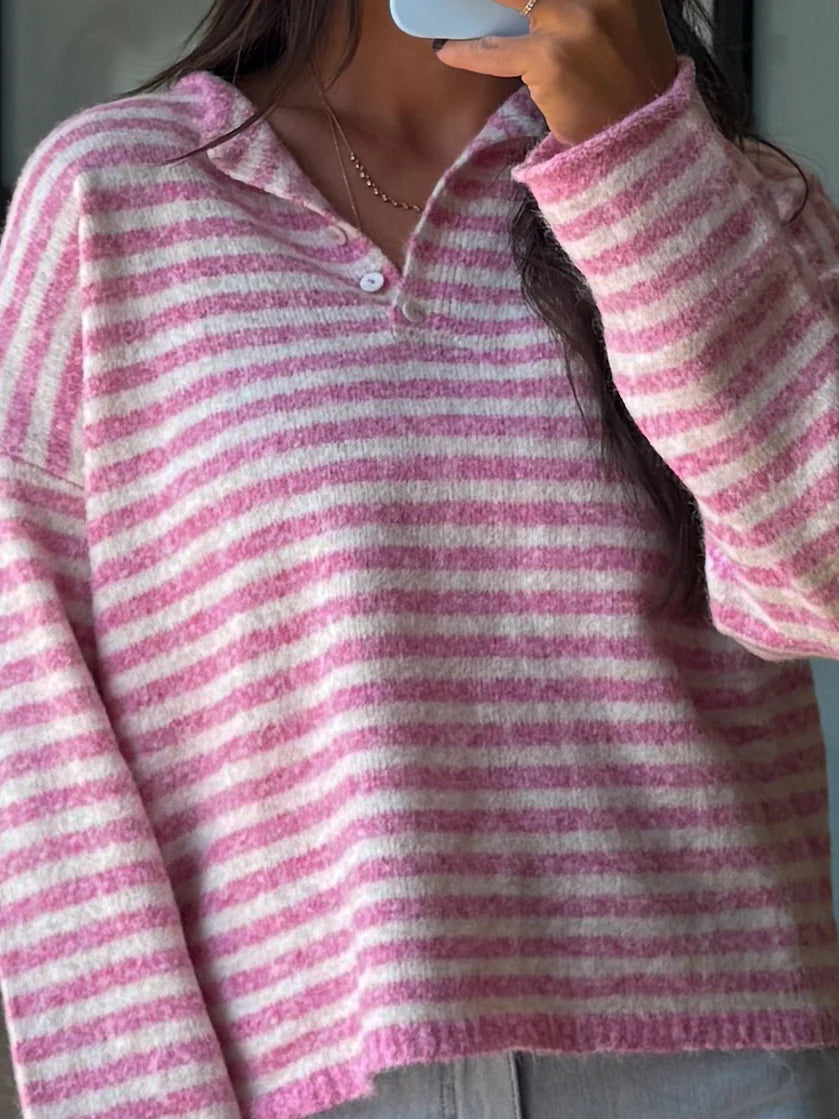 Drop Shoulder Striped Henley Knit Sweater - Pink - 2