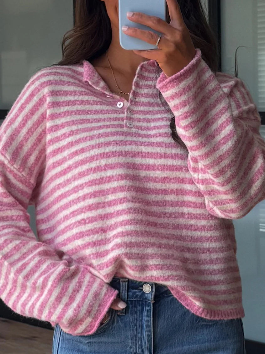 Drop Shoulder Striped Henley Knit Sweater - Pink - 3