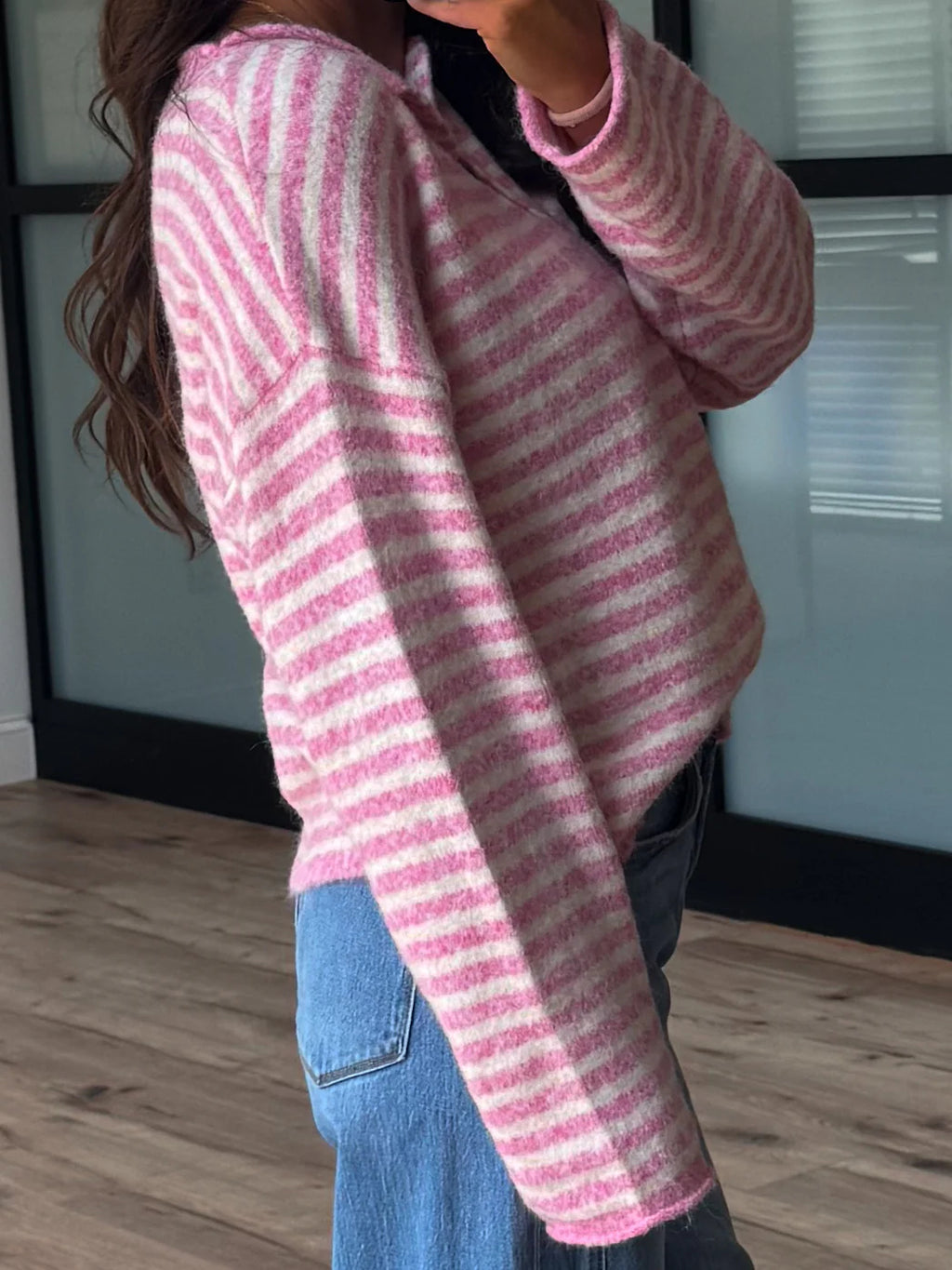Drop Shoulder Striped Henley Knit Sweater - Pink - 4