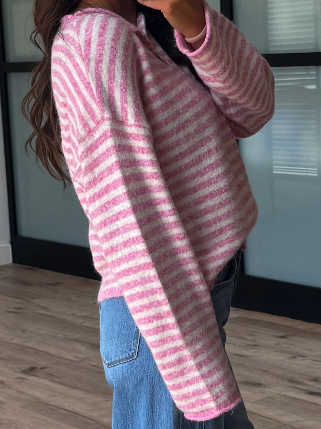 Drop Shoulder Striped Henley Knit Sweater - Pink - 4