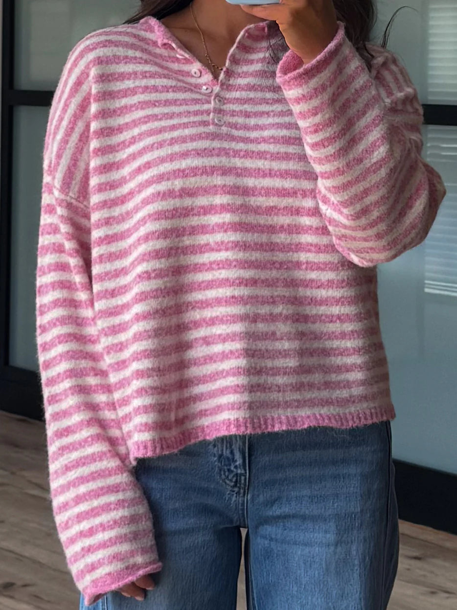 Drop Shoulder Striped Henley Knit Sweater - Pink - 5