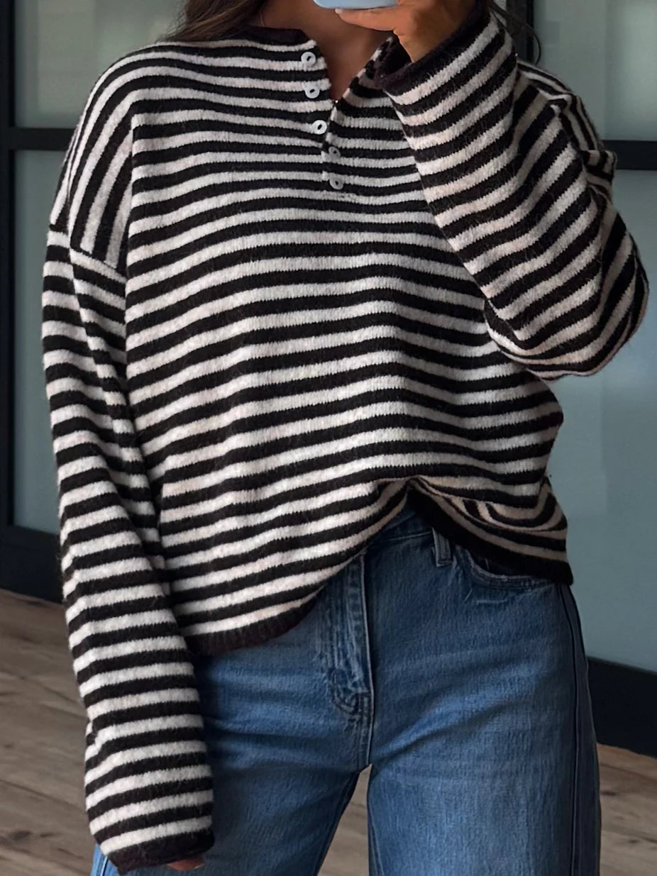 Drop Shoulder Striped Henley Knit Sweater - black