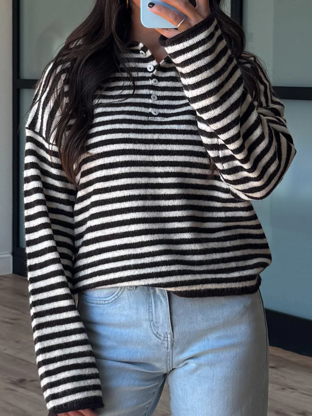 Drop Shoulder Striped Henley Knit Sweater - black - 1