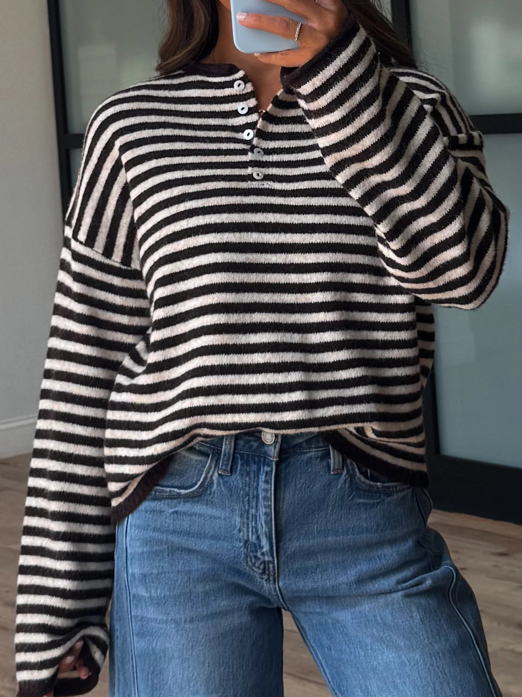 Drop Shoulder Striped Henley Knit Sweater - black - 2