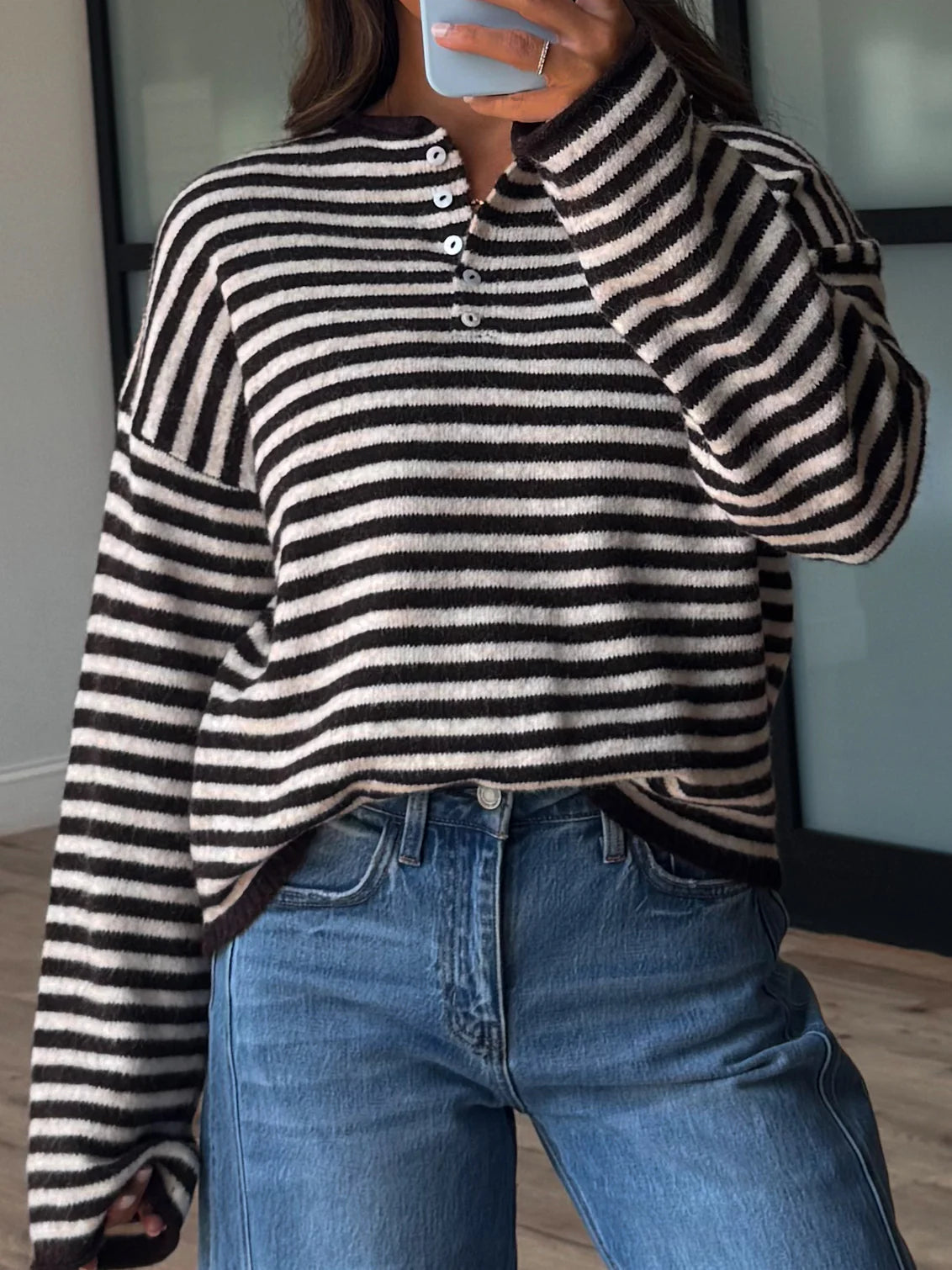 Drop Shoulder Striped Henley Knit Sweater - black - 2