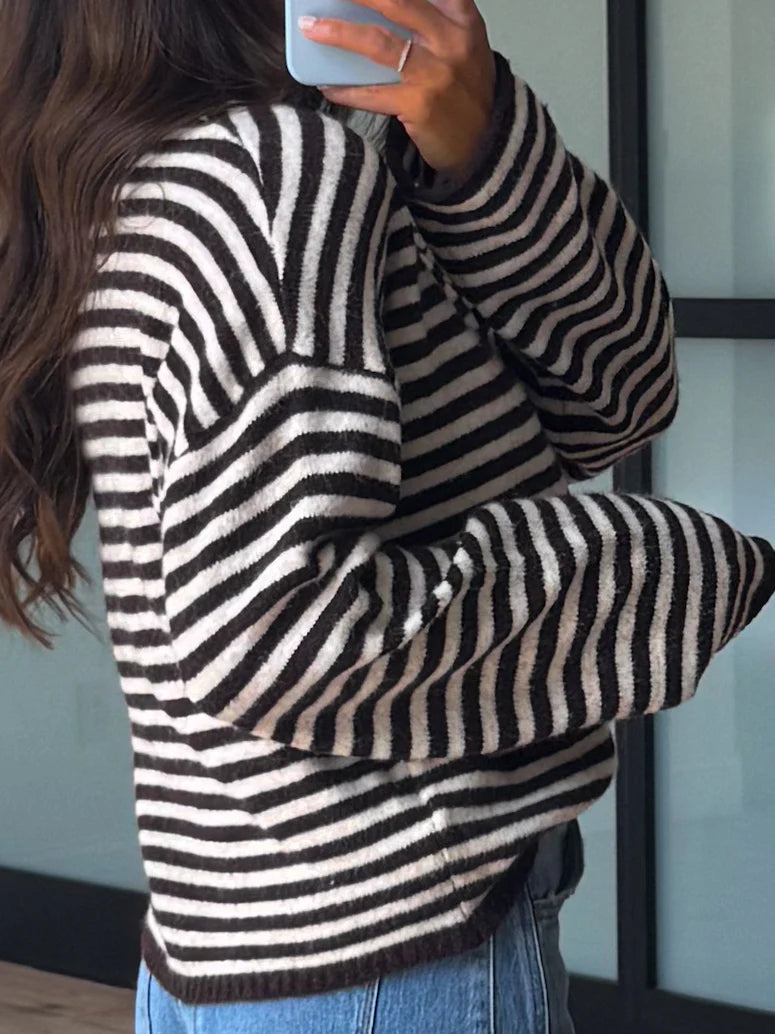 Drop Shoulder Striped Henley Knit Sweater - black - 3