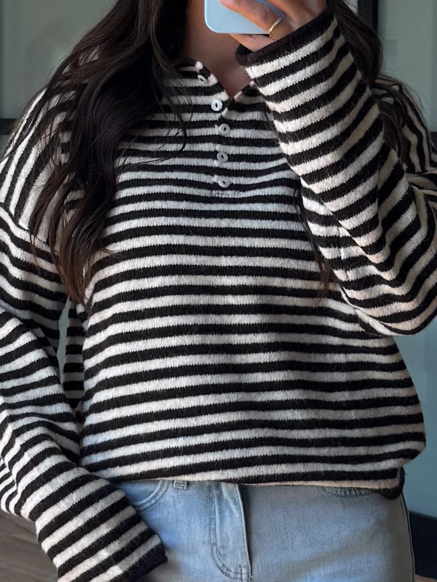 Drop Shoulder Striped Henley Knit Sweater - black - 4